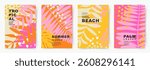 Summer abstract cards set with bright tropical leaves pattern. Vector minimalistic design templates for poster, banner, cover, celebration, advertising, branding, label, sales