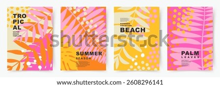 Summer abstract cards set with bright tropical leaves pattern. Vector minimalistic design templates for poster, banner, cover, celebration, advertising, branding, label, sales