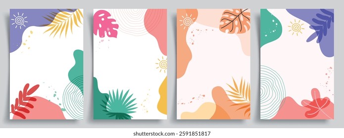 Summer abstract clipart background poster set. Summer greeting card tropical clip art background collection with colorful leaves drawing decoration elements vector illustration.  