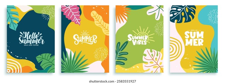 Summer abstract clipart poster set. Summer greeting card with colorful drawing tropical leaves clip art in abstract background collection vector illustration. 