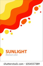 Summer abstract cover with bright colorful sun and splashes of light. Red and yellow paint spilled, abstract vector illustration.