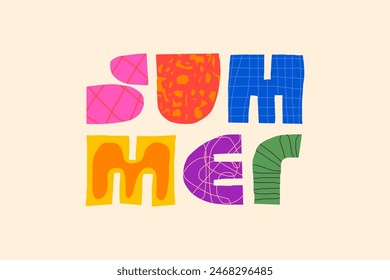 Summer abstract creative decorative inscription concept. Colorful childish naive primitive geometric uneven rude curves shapes lettering. Summertime theme modern trendy rough hand drawn isolated text