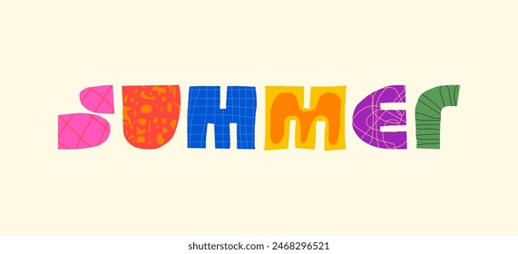 Summer abstract creative decorative inscription concept. Colorful childish naive primitive geometric uneven rude curves shapes lettering. Summertime theme modern trendy rough hand drawn text. Isolated