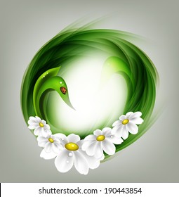 Summer Abstract Design With Green Lines, Chamomile And Ladybird On A Gray Background