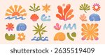 Summer abstract doodles,organic shapes and forms.Sea ocean waves,palm,seashells,sun.Groovy beach,surf club retro aesthetic.Elements in trendy style for banners,social media,branding,covers,prints