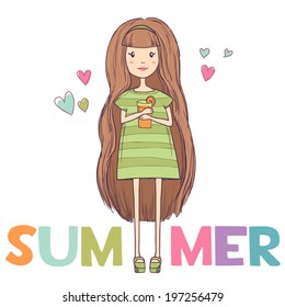 Summer abstract floral background with cute girl. Vector illustration