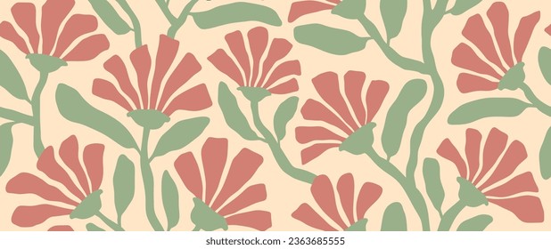 Summer abstract floral groovy floral seamless pattern textile vintage print. retro trippy cute flowers on a beige background.