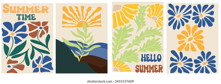 Summer  abstract flower art set in trendy Matisse art style. Contemporary art floral collage. Naive backgrounds in minimal style   for wallpaper, cover, print. Trendy floral botanical wall art. 