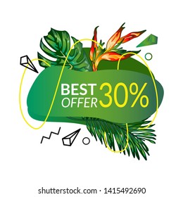 Summer abstract geometric background with palm leaves and clouds. Tropical price backdrop. Promo marketing badge for your seasonal design. Summer offer  banner template. 