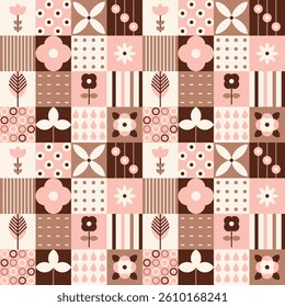 Summer Abstract Geometric Seamless Pattern with flowers, dots, stripes
