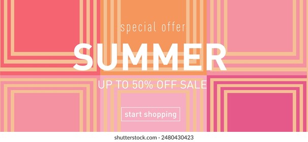 Summer of Abstract Geometric Shapes. Trendy Patterns for Music, Party, and Festival. Creative Design for Sale, Ads, Branding, Banners, Covers, Labels, and Posters. 50% Off Sale Offer. Vector 