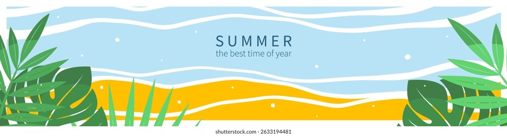 Fundo horizontal abstrato verão. Praia e folhas tropicais. Conceito de turismo, viagens e aventura, férias. Ilustração vetorial para cartaz, capa, vendas
