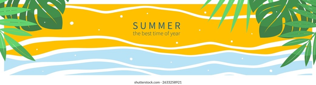 Fundo horizontal abstrato verão. Praia e folhas tropicais. Conceito de turismo, viagens e aventura, férias. Ilustração vetorial para cartaz, capa, vendas
