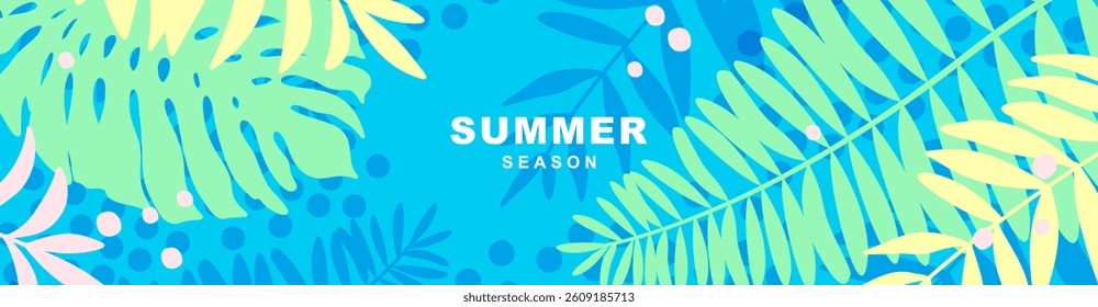Summer Abstract horizontal Background with bright tropical leaves. Modern vector design template for banner, sales, poster, cover, header, social media, fashion advertising