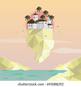 Summer abstract illustration with floating island in low poly style,city landscape,palm trees,flying birds,sunset and ocean.For poster,invitation cards,wallpaper,t-shirt design.Vector illustration.