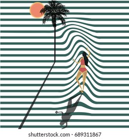 Summer abstract illustration.Woman,palm tree and sun on blue and white stripes. 3D stripes.Retro,vintage poster.Vector illustration.