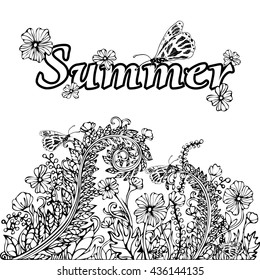 Summer abstract landscape, coloring book, hand-drawing sketch, card, cover. White flowers and butterflies. Black and white illustration in the style boho chic, hippie, monochrome. Natural floral motif