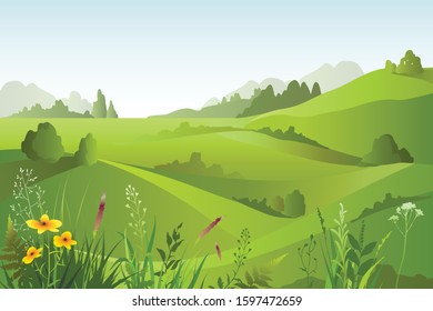 Summer abstract landscape with green fields, trees, meadow hearts Beautiful rural nature.  Vector Illustration.