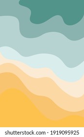 Summer abstract landscape poster illustration, background in yellow and blue colors. Sandy beach, beach on the sea, ocean. Vector graphics