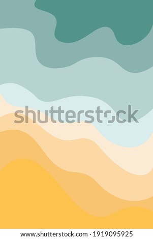 Summer abstract landscape poster illustration, background in yellow and blue colors. Sandy beach, beach on the sea, ocean. Vector graphics