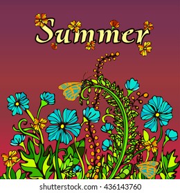 Summer abstract landscape in the style boho chic, hippie, card, cover. Blue flowers on a scarlet background. Bright, juicy, contrast, warm floral composition. Ornament from natural plant flower motifs