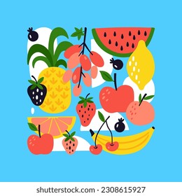 Summer abstract modern background with cute fruits. Childish print for cards, apparel and decoration