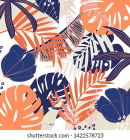 Summer abstract pattern with bright tropical leaves and plants on a white background. Vector design. Jung print. Floral background. Printing and textiles.