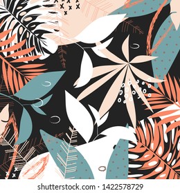 Summer abstract pattern with bright tropical leaves and plants on a black background. Vector design. Jung print. Floral background. Printing and textiles.