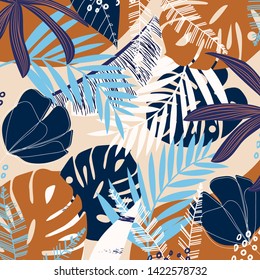 Summer abstract pattern with bright tropical leaves and plants on a pastel background. Vector design. Jung print. Floral background. Printing and textiles.