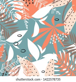 Summer abstract pattern with bright tropical leaves and plants on a light background. Vector design. Jung print. Floral background. Printing and textiles.