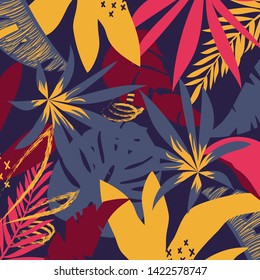 Summer abstract pattern with bright tropical leaves and plants on a dark background. Vector design. Jung print. Floral background. Printing and textiles.