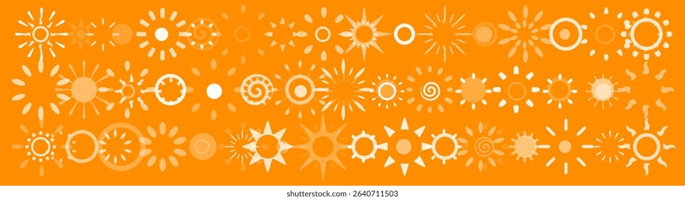 Summer abstract pattern design for sunny themes, solar branding, cheerful creative projects with beach and creative vibes. Sun icons. Vector illustration.