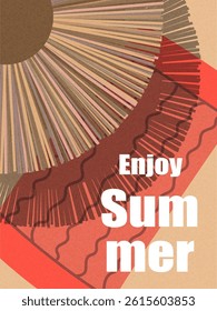 Summer abstract poster or banner. Beach design with umbrella and towel. Cover, advertising design, card. Illustrations of summer holidays, travel, beach vacation. Vector illustration