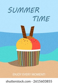 Summer abstract poster or banner. Design with ice cream on the sea background. Cover, advertising design, card. Illustrations of summer holidays, travel, beach vacation. 