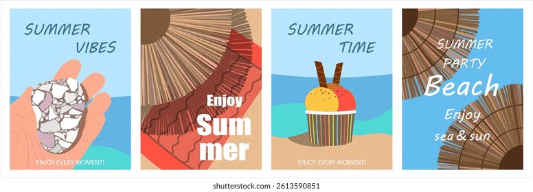 Summer abstract poster or banner. Set of designs with sea, beach and ice cream. Cover, invitation, advertising design, card. Summer holidays, travel, beach vacation illustrations. 