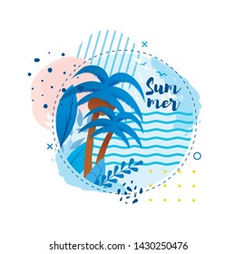 Summer Abstract Poster in Tropical Flat Style with Handwritten Lettering. Vector Illustration with Cartoon Palms and Exotic Foliage. Printable Design, Invitation Flyer or Template for Greeting Card