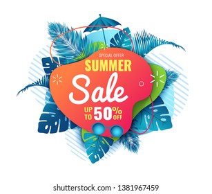 Summer abstract sale banner up to 50 % off. Seasonal design. Vector illustration.