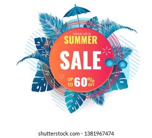 Summer abstract sale banner up to 60 % off. Seasonal design. Vector illustration.