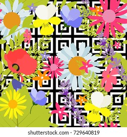 Summer Abstract Seamless Pattern Background with Palm Leaves and Flowers. Vector Illustration EPS10