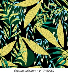 Summer abstract seamless pattern with colorful tropical leaves and plants on black background. Vector design. Jungle print. Floral background. Printing and textiles. Exotic tropics. Fresh design.