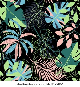 Summer abstract seamless pattern with colorful tropical leaves and plants on black background. Vector design. Jungle print. Floral background. Printing and textiles. Exotic tropics. Fresh design.