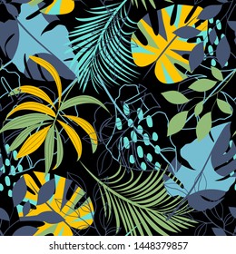 Summer abstract seamless pattern with colorful tropical leaves and plants on black background. Vector design. Jungle print. Floral background. Printing and textiles. Exotic tropics. Fresh design.