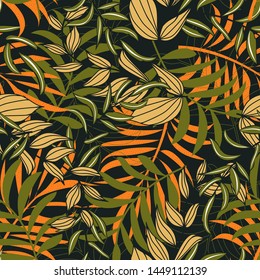 Summer abstract seamless pattern with colorful tropical leaves and plants on black background. Vector design. Jungle print. Floral background. Printing and textiles. Exotic tropics. Fresh design.
