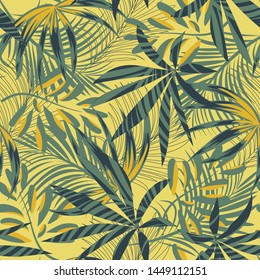 Summer abstract seamless pattern with colorful tropical leaves and plants on yellow background. Vector design. Jungle print. Floral background. Printing and textiles. Exotic tropics. Fresh design.