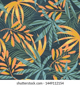 Summer abstract seamless pattern with colorful tropical leaves and plants on blue background. Vector design. Jungle print. Floral background. Printing and textiles. Exotic tropics. Fresh design.