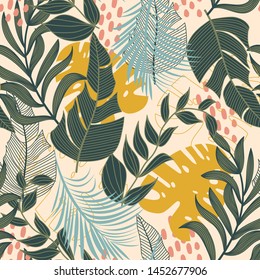 Summer abstract seamless pattern with colorful tropical leaves and plants on beige background. Vector design. Jungle print. Floral background. Printing and textiles. Exotic tropics. Fresh design.