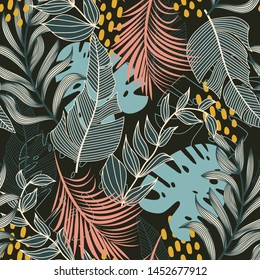Summer abstract seamless pattern with colorful tropical leaves and plants on a dark background. Vector design. Jungle print. Floral background. Printing and textiles. Exotic tropics. Fresh design.