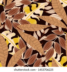 Summer abstract seamless pattern with colorful tropical leaves and plants on a brown background. Vector design. Jungle print. Floral background. Printing and textiles. Exotic tropics. Fresh design.