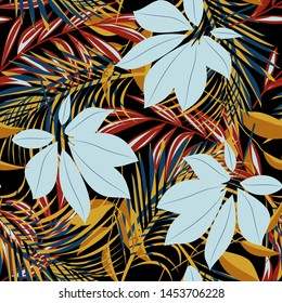 Summer abstract seamless pattern with colorful tropical leaves and plants on a dark background. Vector design. Jungle print. Floral background. Printing and textiles. Exotic tropics. Fresh design.