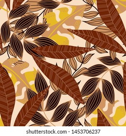 Summer abstract seamless pattern with colorful tropical leaves and plants on a delicate background. Vector design. Jungle print. Floral background. Printing and textiles. Exotic tropics. Fresh design.